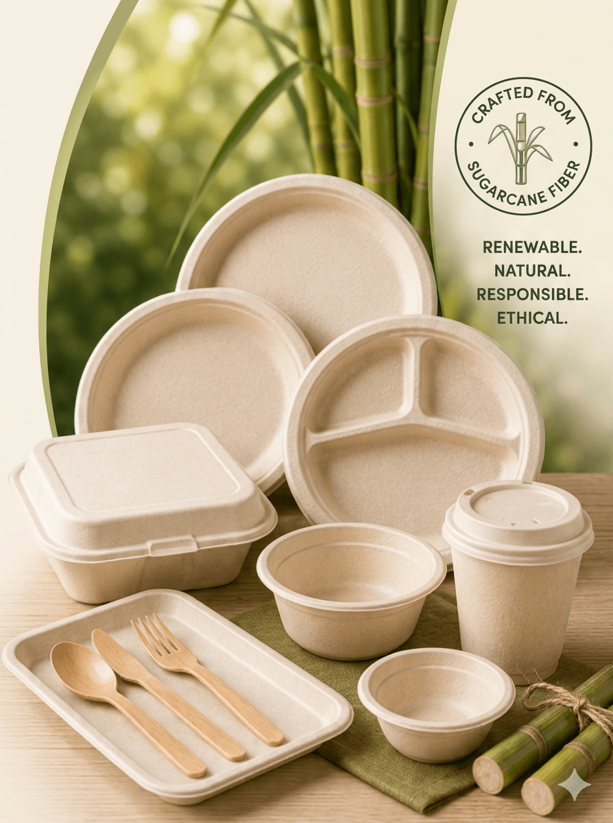 Elvara bagasse tableware — plates, bowls, and containers crafted from sugarcane fiber